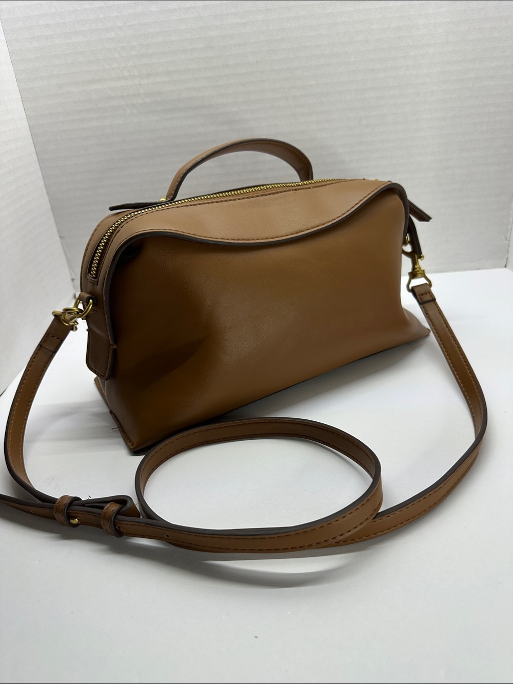 Zara Tan Structured Leatherette Shoulder Bag with Top Handle